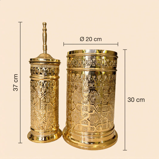 Brass toilet brush holder 37 cm and bathroom bin 30 cm high, 20 cm wide, Cuivra