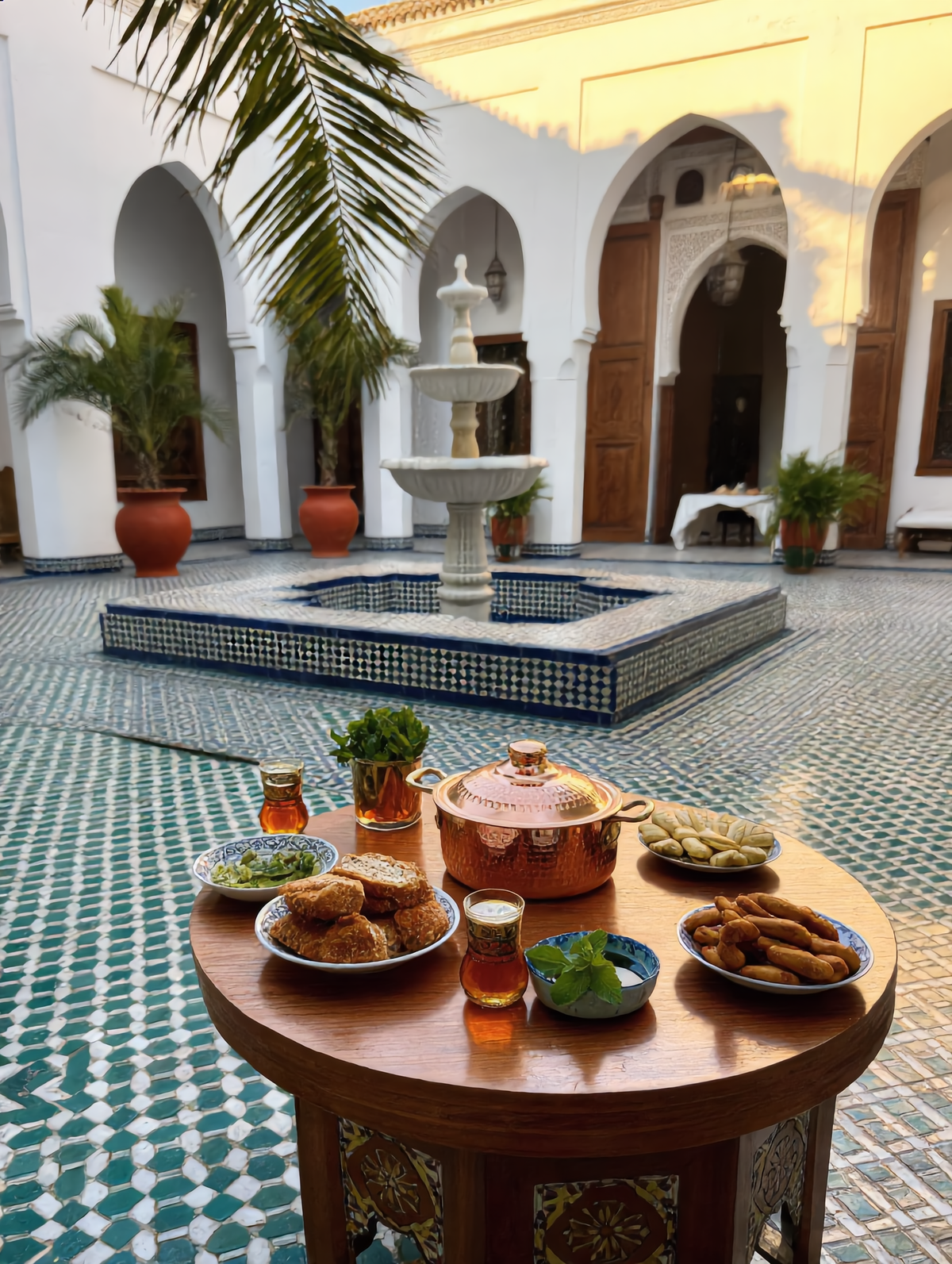 Kanz copper pot served on a table in a Moroccan riad