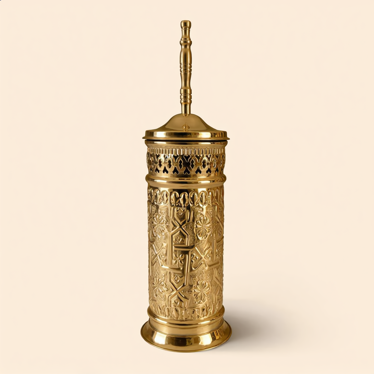 Engraved brass toilet brush holder, polished gold, made in Fès by Cuivra