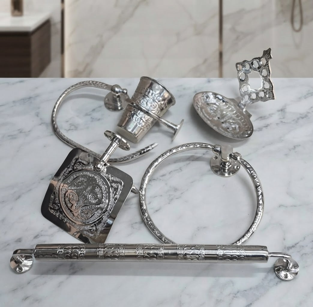 Signature copper bathroom set in silver finish on white marble