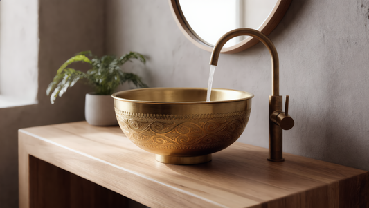 Engraved copper vessel sink on an oak vanity in a modern bathroom