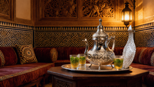 Moroccan copper tea set with mint tea in a traditional salon