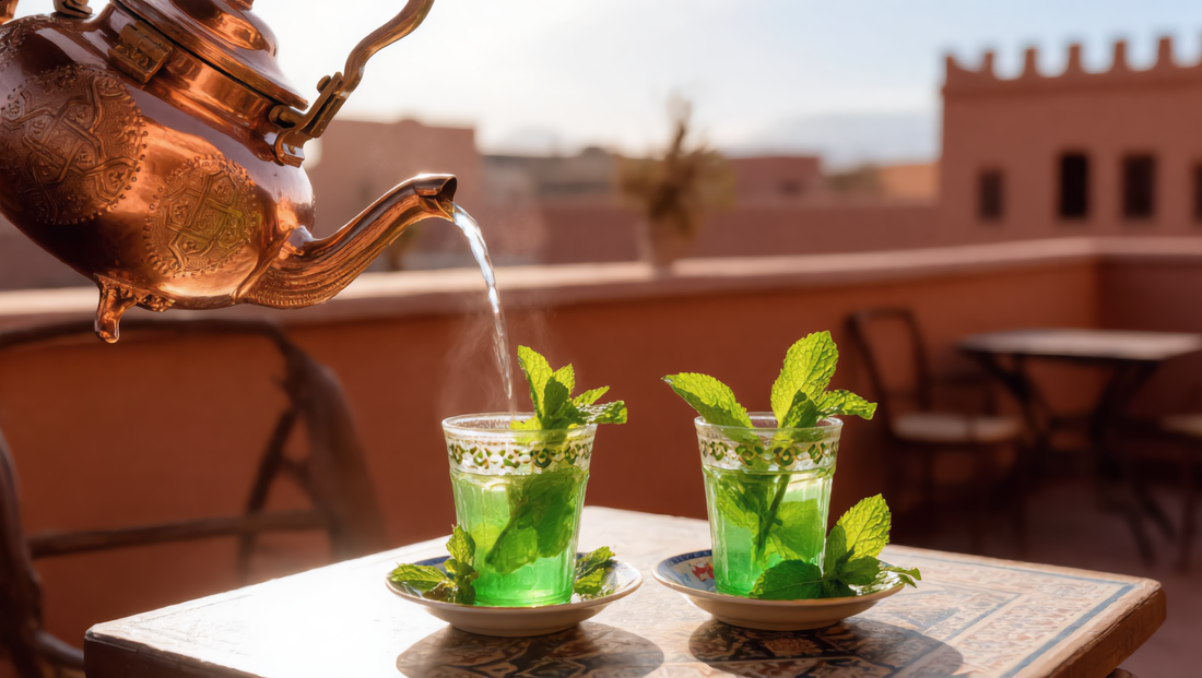Moroccan copper teapot pouring mint tea on a riad terrace