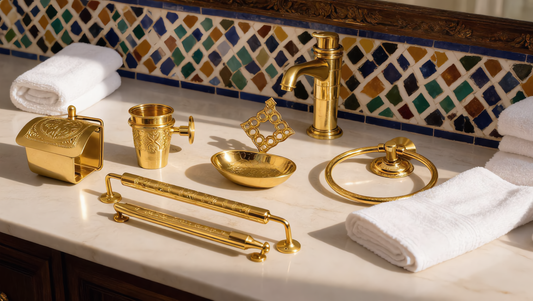 Handmade copper bathroom accessories on a hotel vanity with zellige tiles