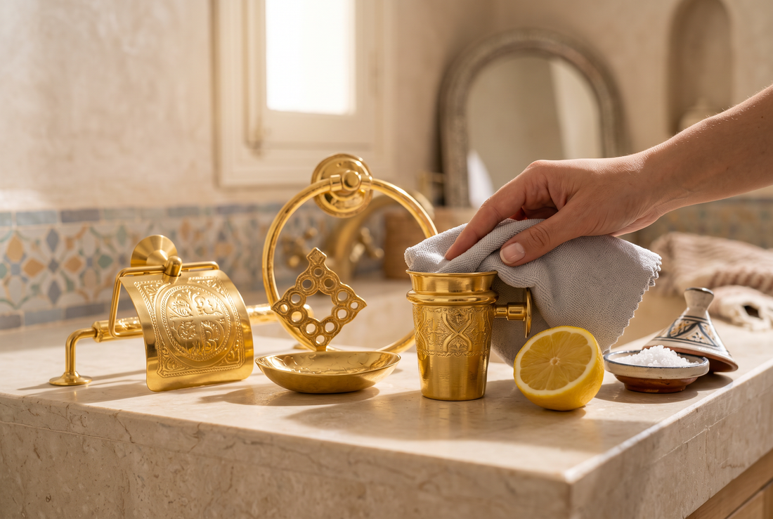 Hand wiping engraved brass bathroom accessories with a soft cloth