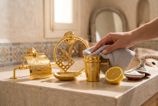 Hand wiping engraved brass bathroom accessories with a soft cloth