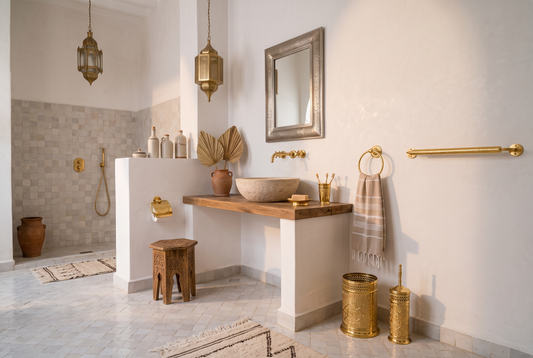 Moroccan bathroom with engraved brass accessories