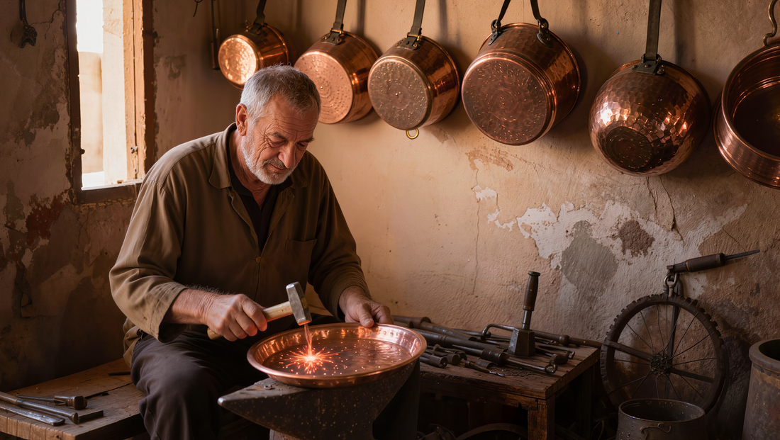 Moroccan coppersmith hand-hammering a copper tray in a Fez workshop