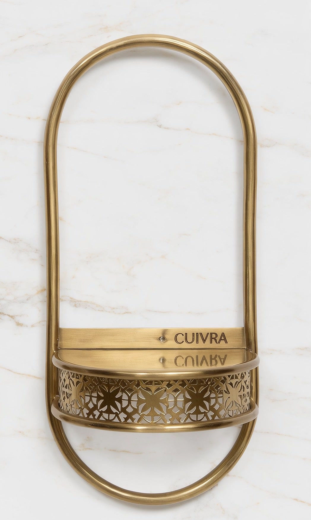 Aura brass wall shelf with CUIVRA engraved back plate