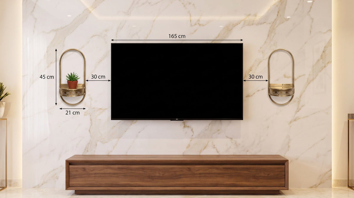 Two Aura shelves on each side of a TV on a marble wall, real scale