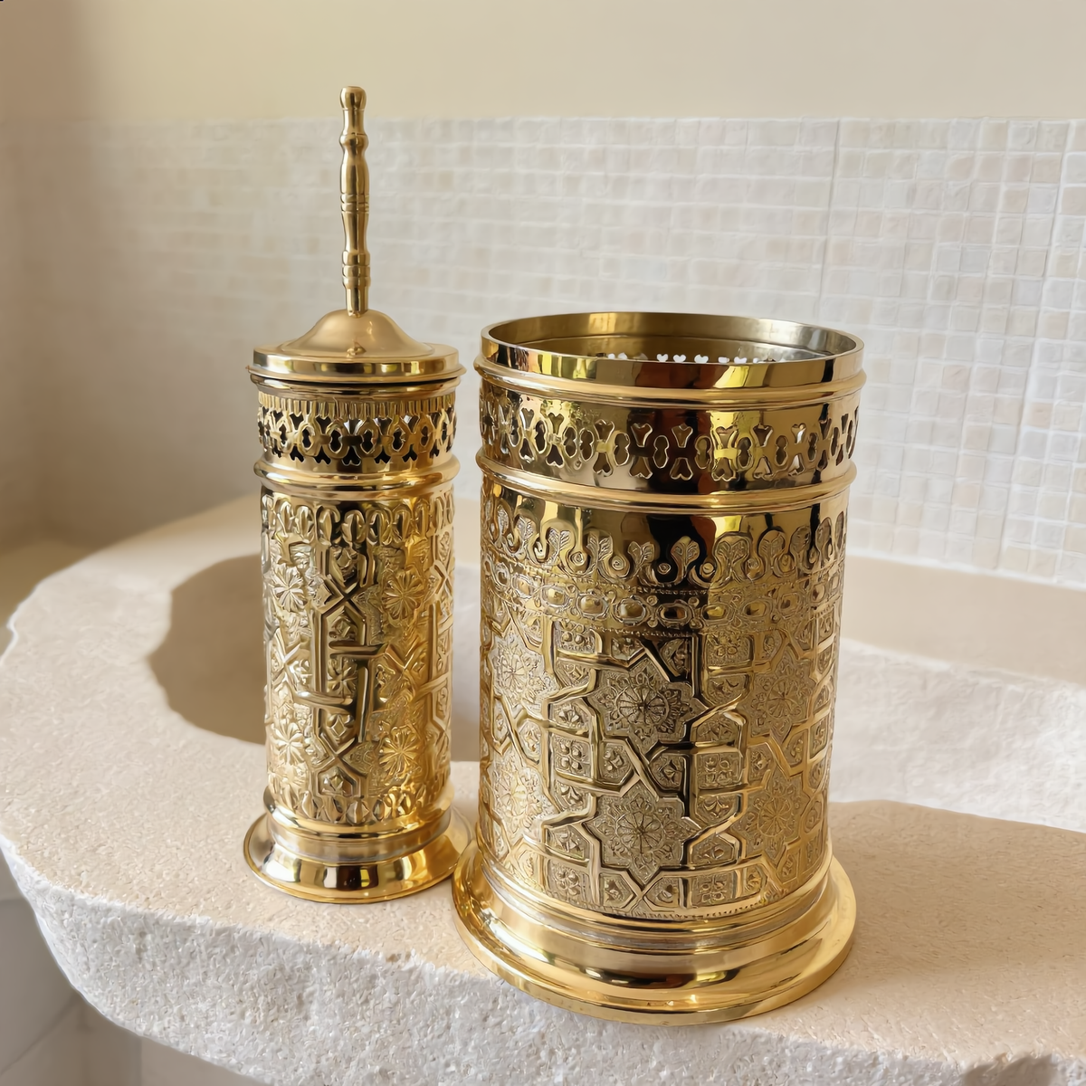 Moroccan bathroom pack, engraved brass bin and toilet brush holder, Cuivra