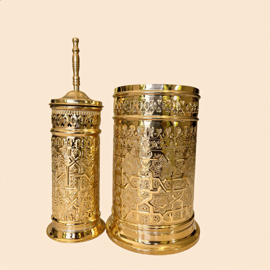 Cuivra engraved brass bathroom bin and toilet brush holder