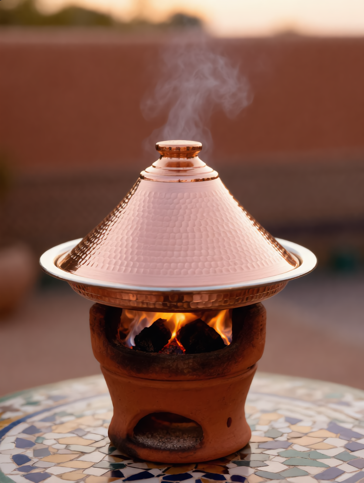 Copper tajine slow cooking on a traditional clay kanoun, Cuivra