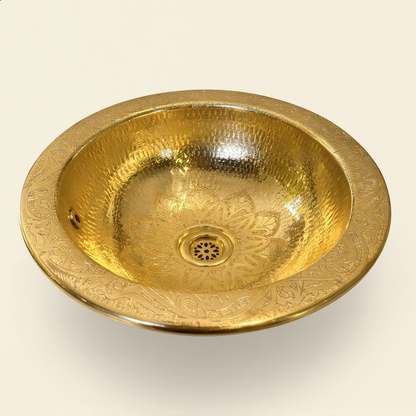 Brass vessel sink with engraved leaf and flower motif, Cuivra