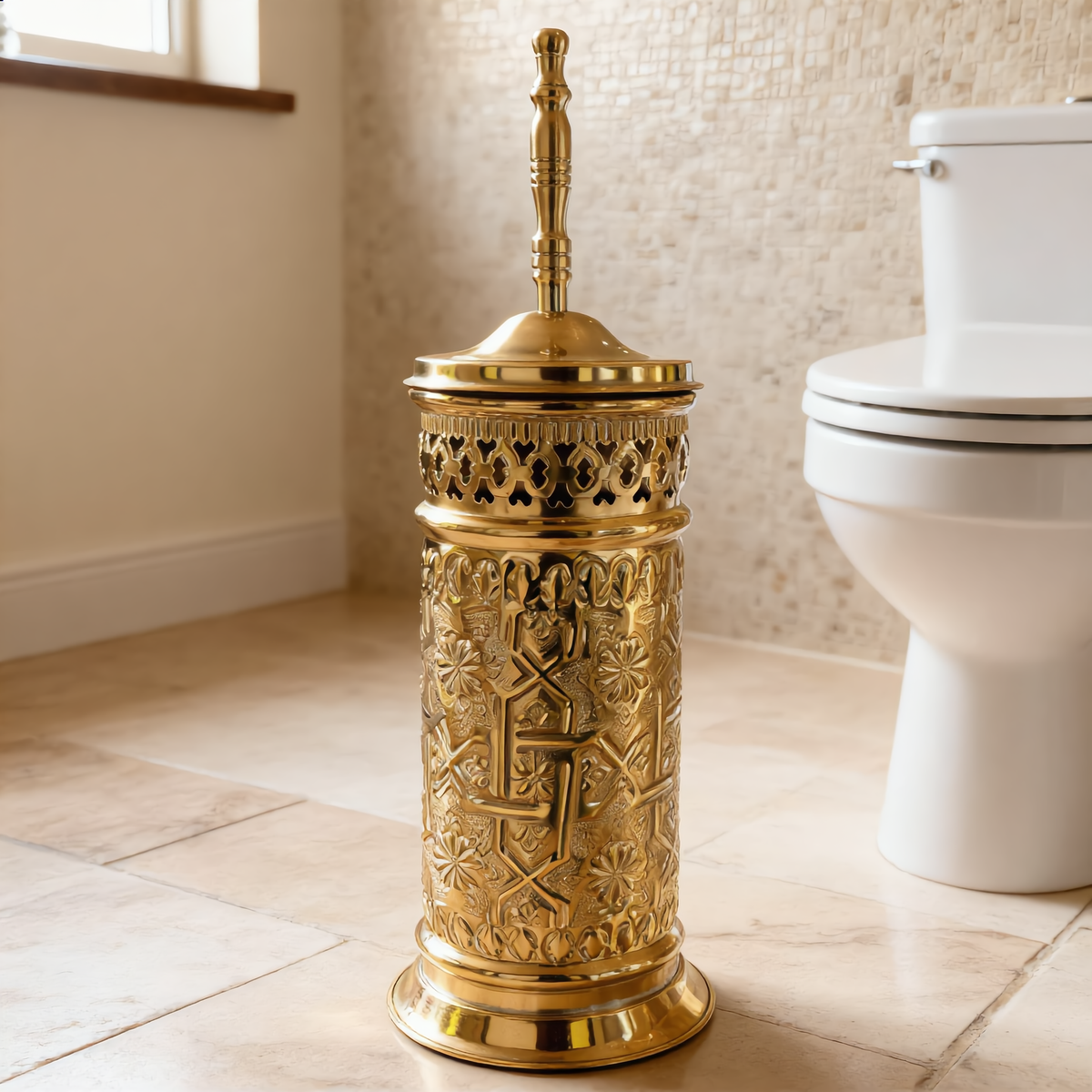 Moroccan brass toilet brush holder with pierced band and turned handle, Cuivra