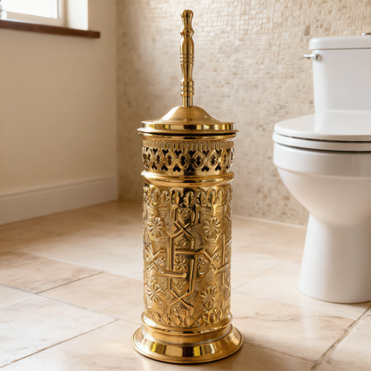 Moroccan brass toilet brush holder with pierced band and turned handle, Cuivra