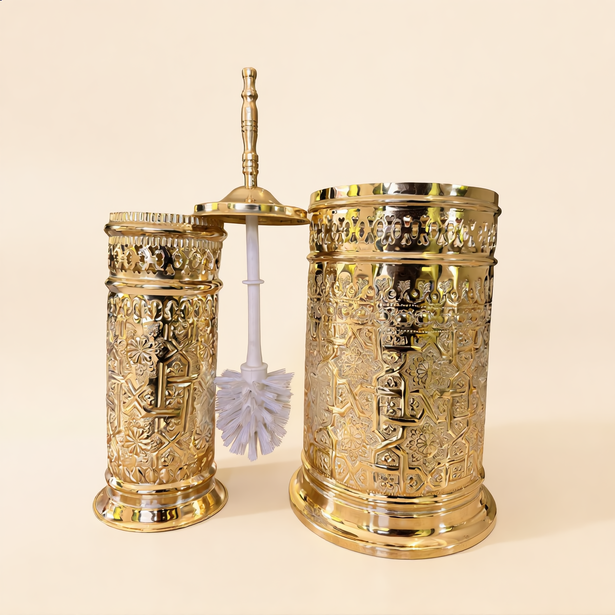 Engraved brass toilet brush holder with removable brush and matching bin, Cuivra