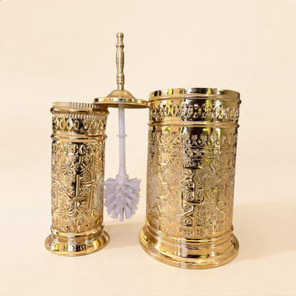 Engraved brass toilet brush holder with removable brush and matching bin, Cuivra