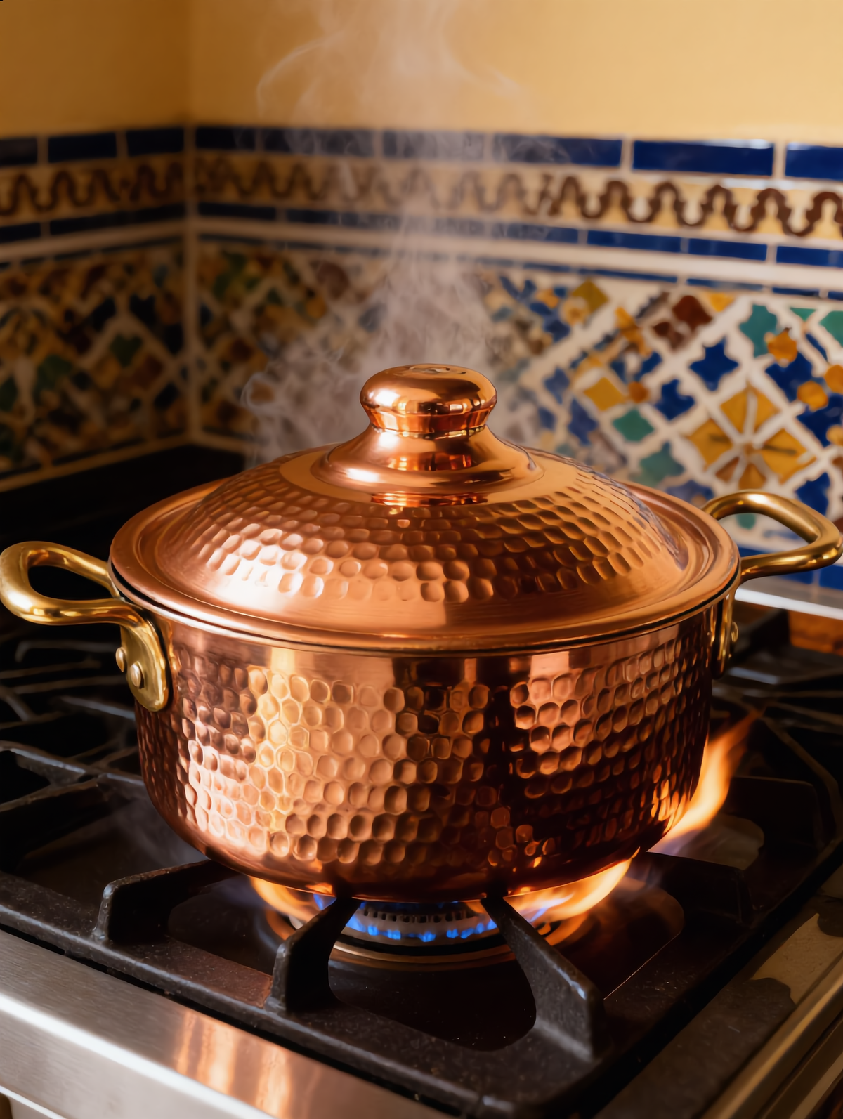 Kanz copper pot simmering a Moroccan stew on the stove