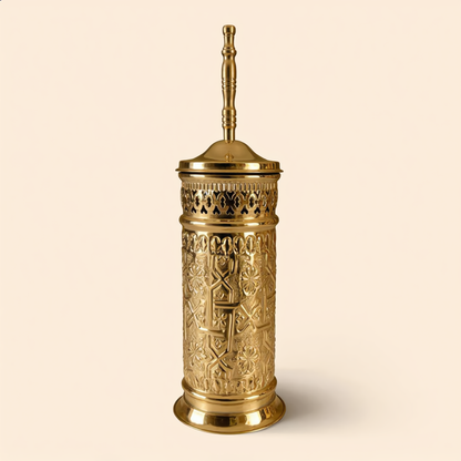 Engraved brass toilet brush holder, polished gold, made in Fès by Cuivra