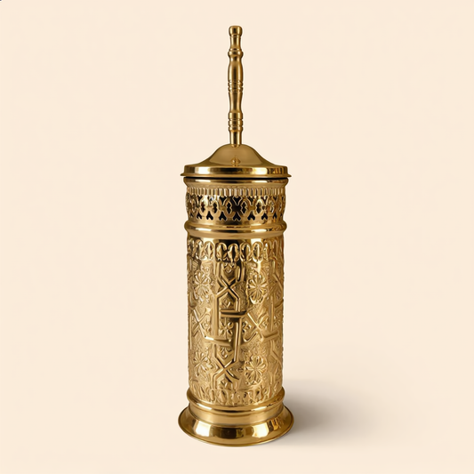 Engraved brass toilet brush holder, polished gold, made in Fès by Cuivra