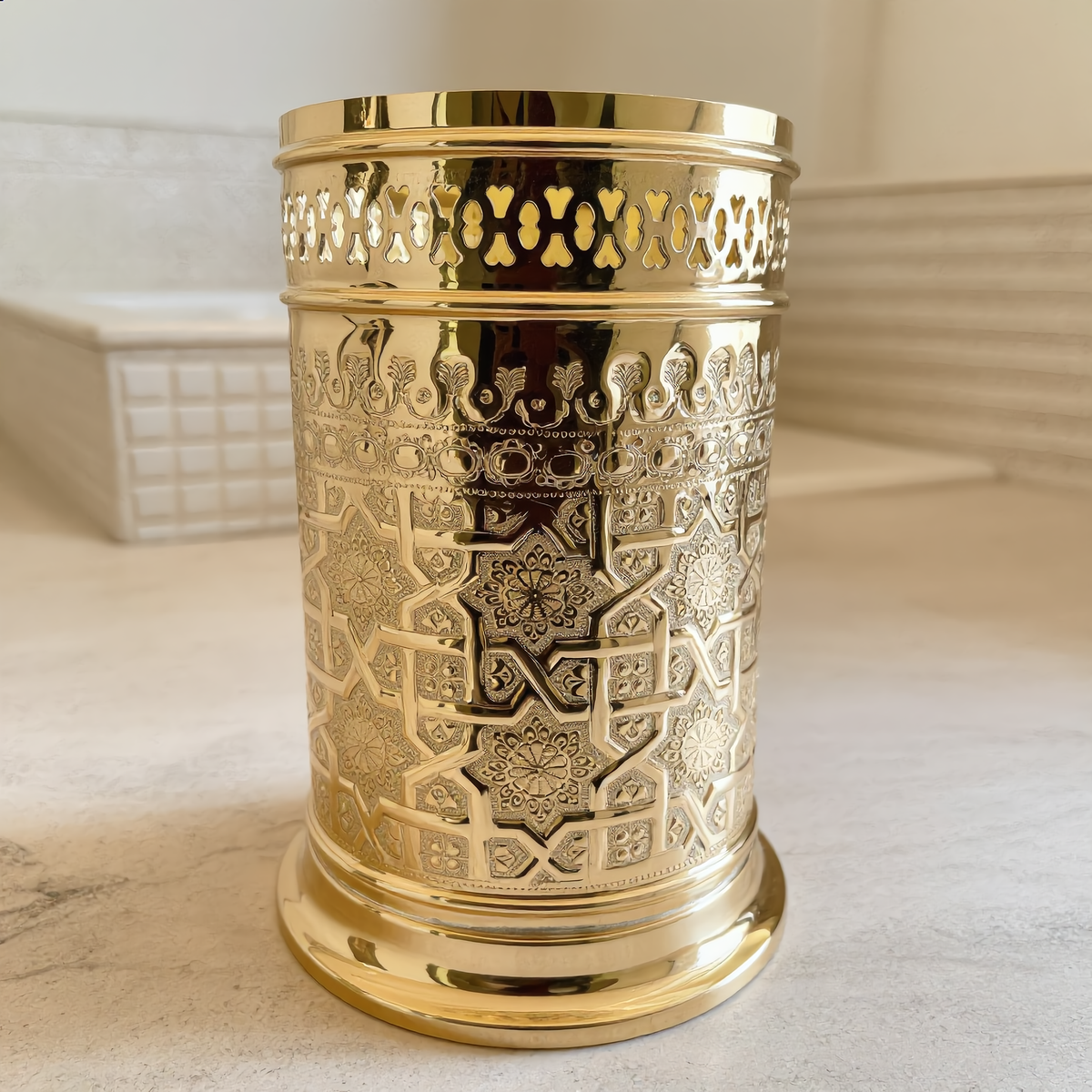 Moroccan bathroom bin in engraved brass with pierced top band, polished gold, Cuivra