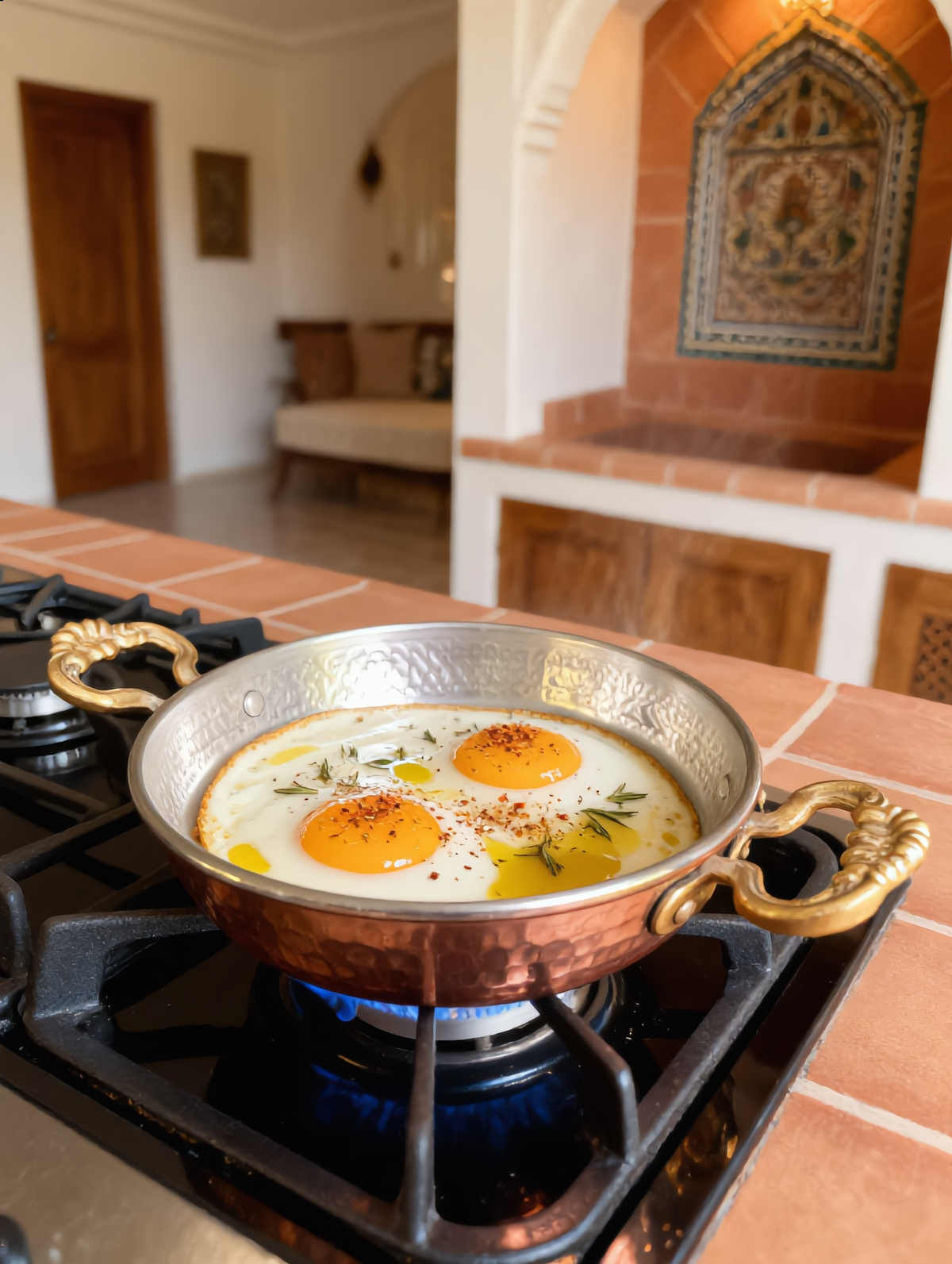 Mqila copper pan cooking eggs on the stove, Cuivra