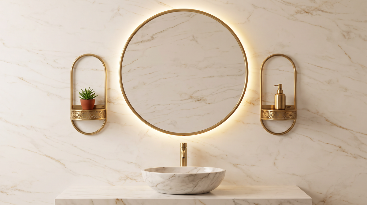 Two Aura shelves on each side of a round mirror in a marble bathroom
