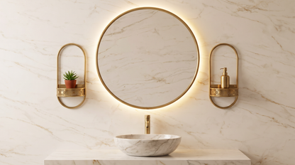 Two Aura shelves on each side of a round mirror in a marble bathroom