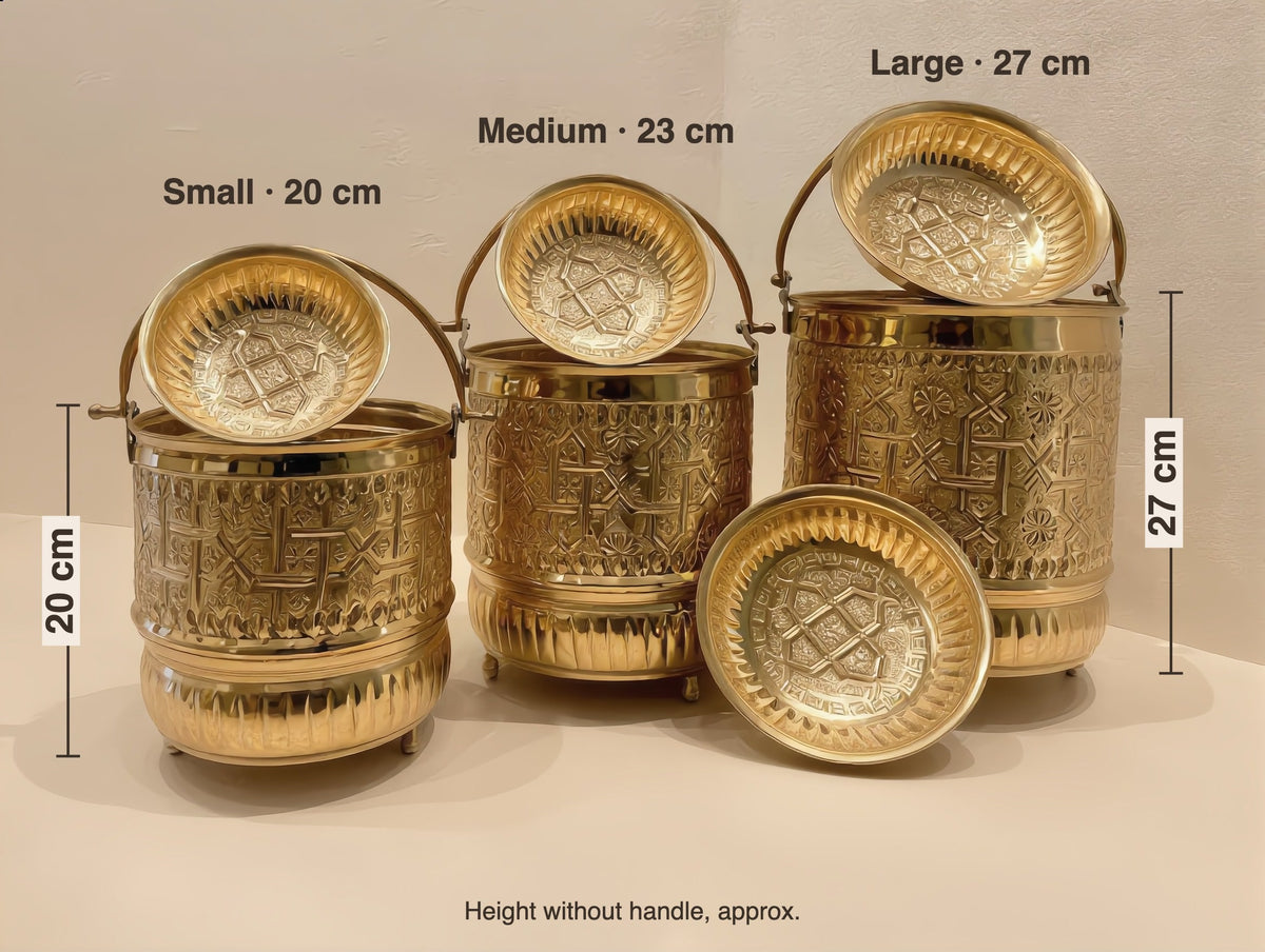 Hammam bucket sizes: small 20 cm, medium 23 cm, large 27 cm high, approx.