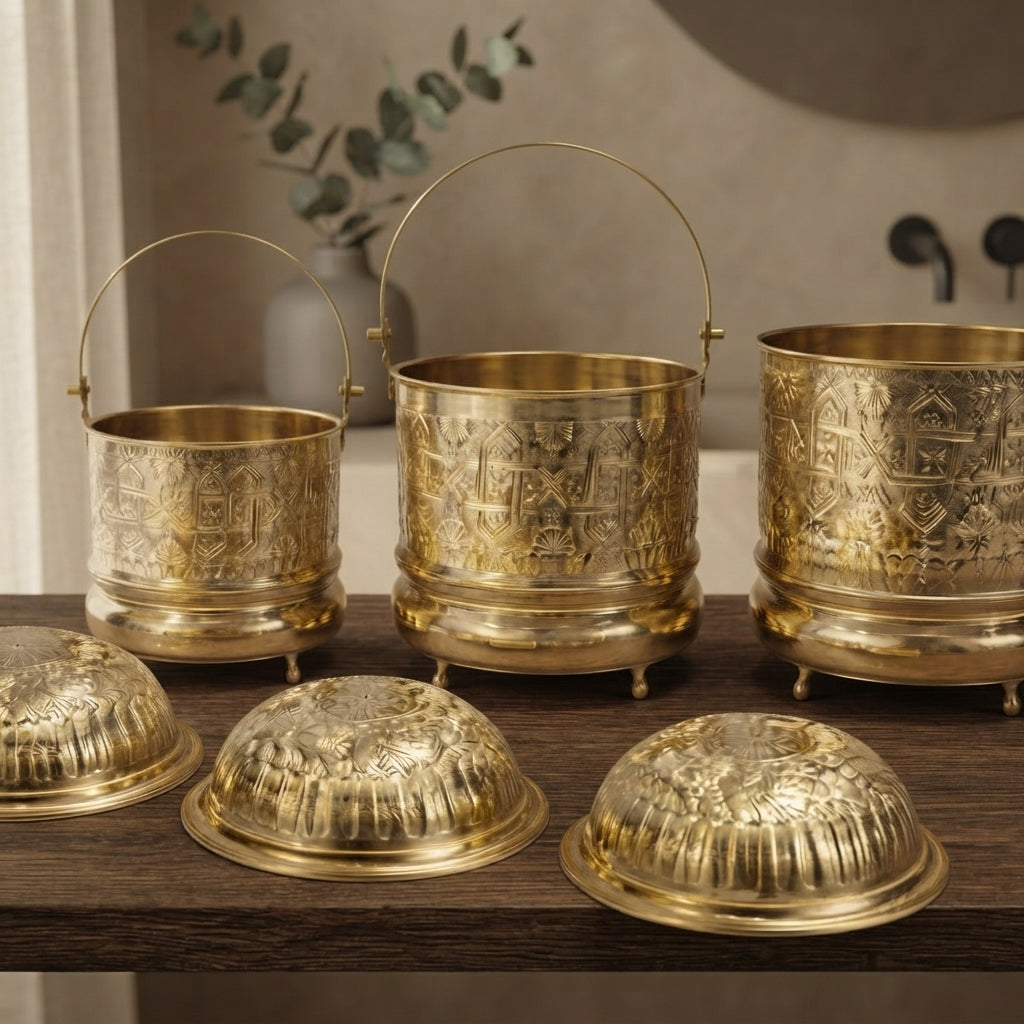 Moroccan Copper Hammam Set | 3 Buckets + 3 Tasa Bowls + 1 Free Bowl