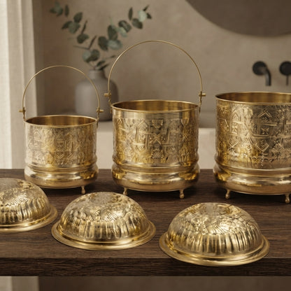 Moroccan Copper Hammam Set | 3 Buckets + 3 Tasa Bowls + 1 Free Bowl