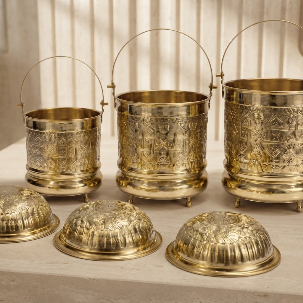 Moroccan Copper Hammam Set | 3 Buckets + 3 Tasa Bowls + 1 Free Bowl