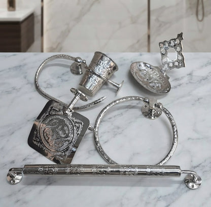 Signature copper bathroom set in silver finish on white marble
