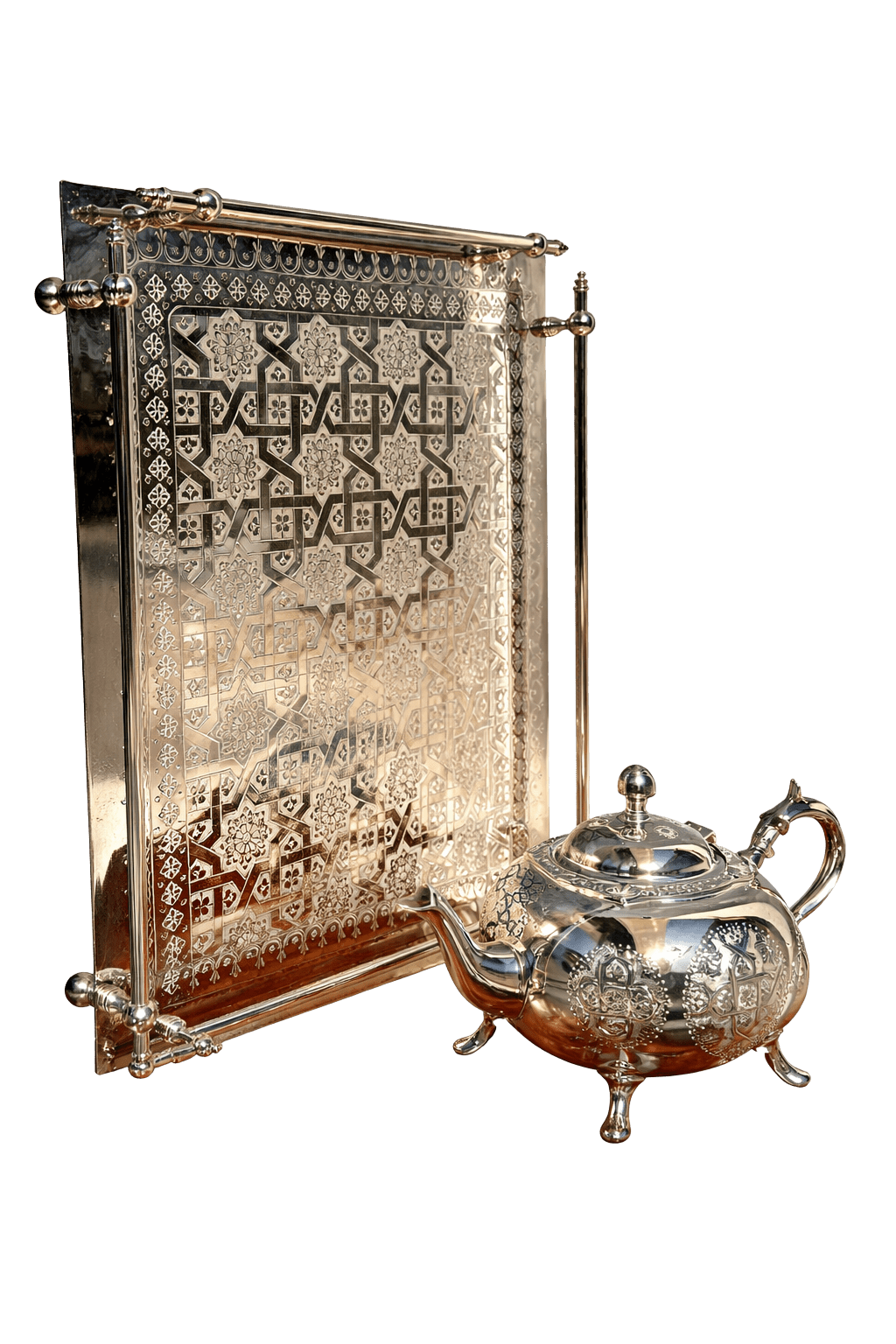 Al Fekroun Moroccan Tea Set, Silver-Finish Brass