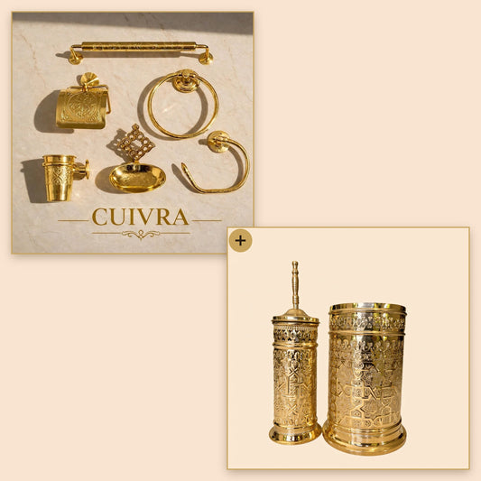 Cuivra Signature six-piece brass bathroom set with engraved bin and toilet brush holder