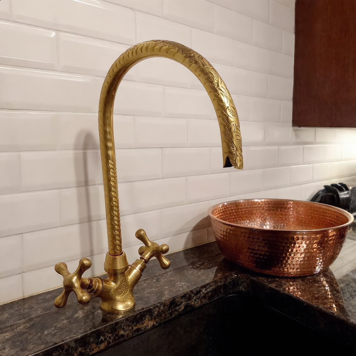 Handcrafted engraved Moroccan brass faucet with gooseneck spout, Cuivra
